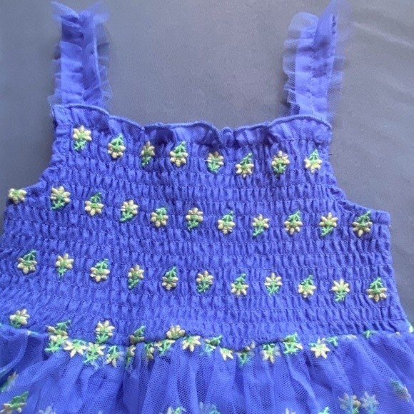 PEEK Baby Girl’s Floral Embroidered Spaghetti Purple Dress with Smocked Chest - Picture 3 of 4